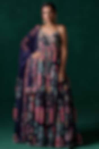 Navy Blue Chiffon Floral Printed & Embellished Party Wear Anarkali Set by Lashkaraa at Pernia's Pop Up Shop