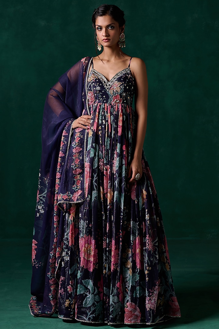 Navy Blue Chiffon Floral Printed & Embellished Party Wear Anarkali Set by Lashkaraa at Pernia's Pop Up Shop