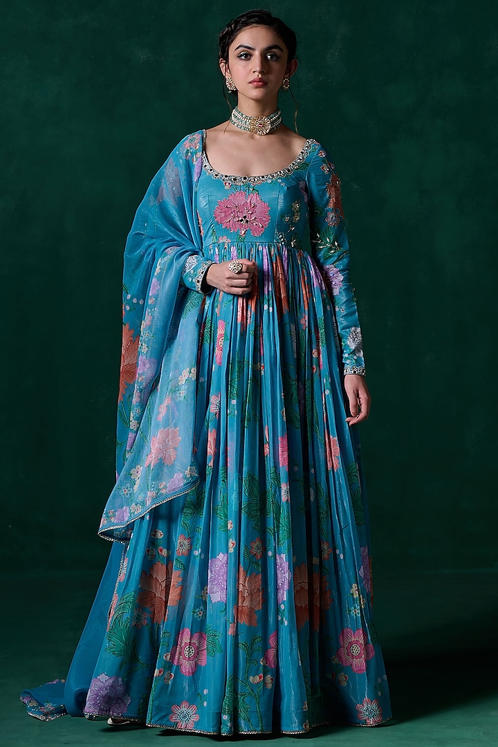 Teal Chiffon Floral Printed & Embellished Anarkali Set by Lashkaraa at Pernia's Pop Up Shop