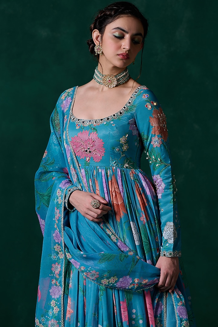 Teal Chiffon Floral Printed & Embellished Party Wear Anarkali Set by Lashkaraa at Pernia's Pop Up Shop