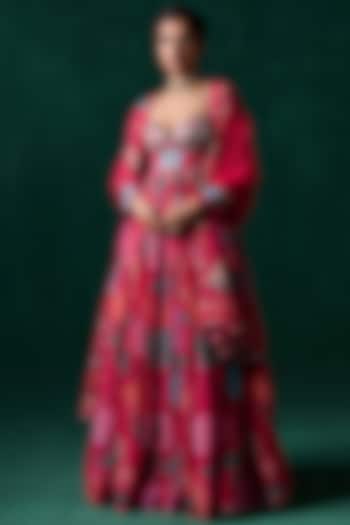 Pink Chiffon Floral Printed & Embellished Party Wear Anarkali Set by Lashkaraa at Pernia's Pop Up Shop