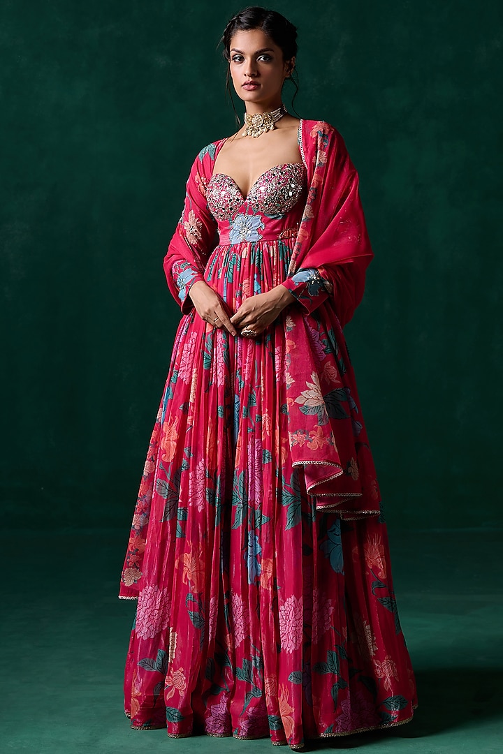 Pink Chiffon Floral Printed & Embellished Party Wear Anarkali Set by Lashkaraa at Pernia's Pop Up Shop