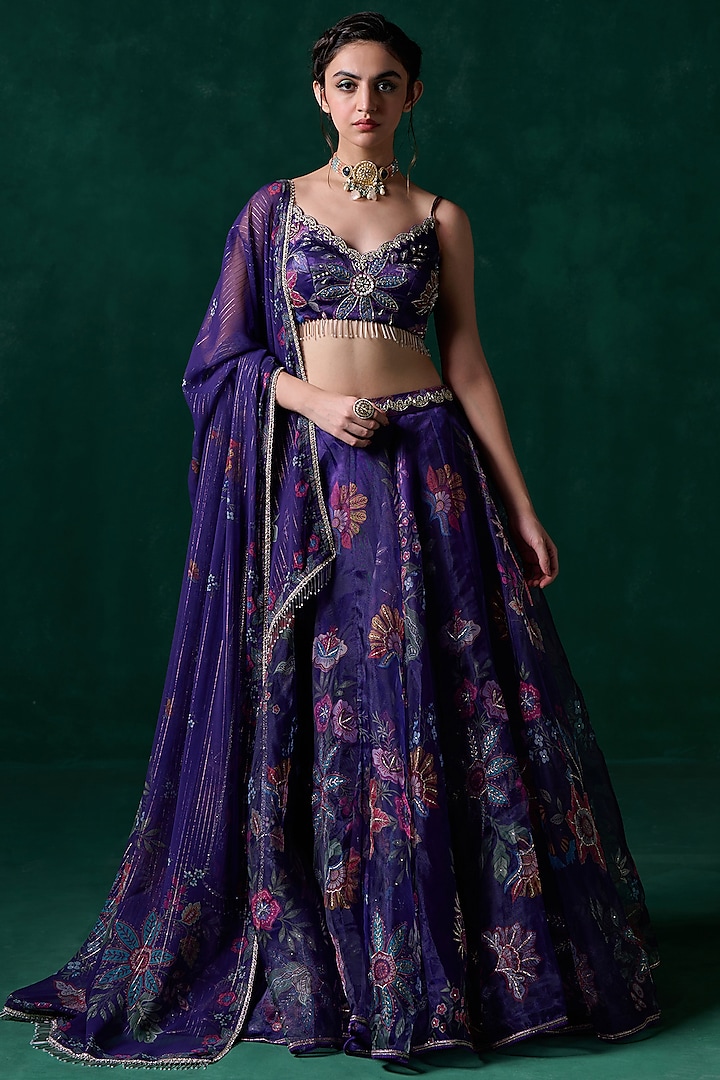 Purple Organza Floral Printed & Embellished Lehenga Set by Lashkaraa at Pernia's Pop Up Shop