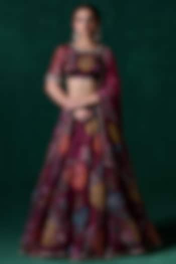 Wine Organza Floral Printed & Embellished Lehenga Set by Lashkaraa at Pernia's Pop Up Shop