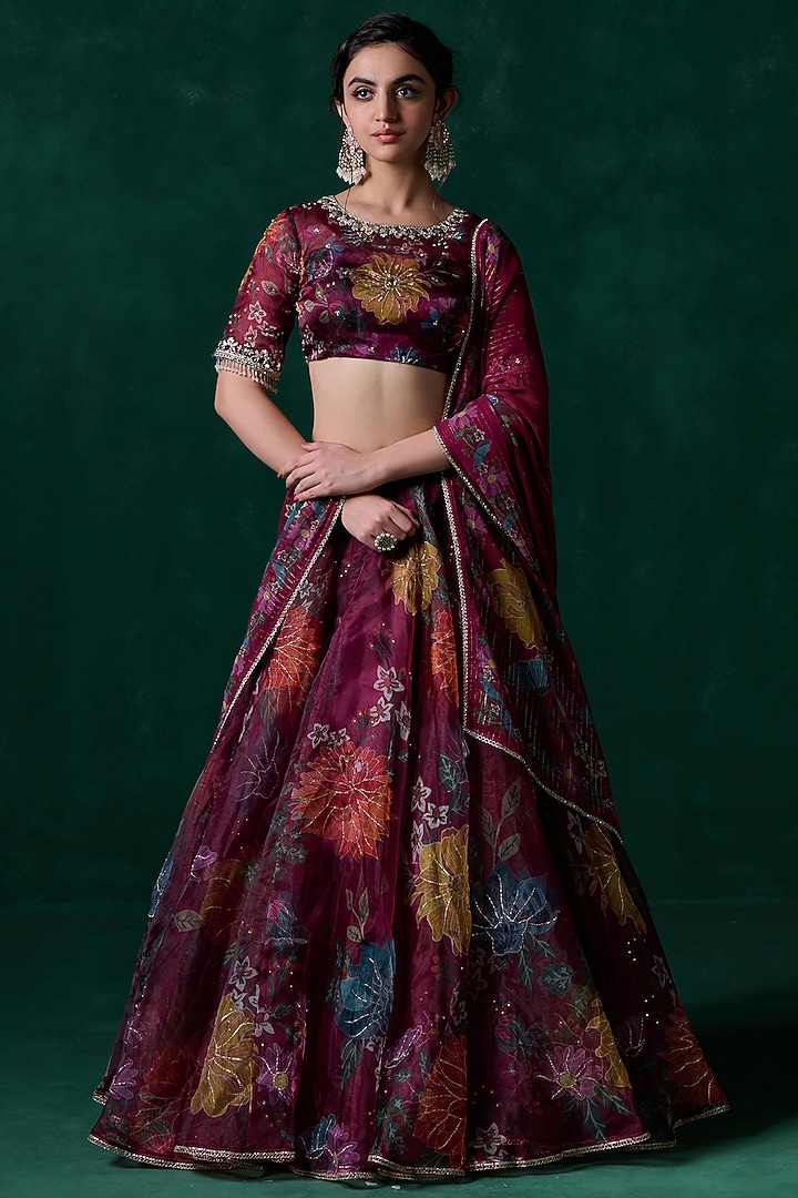 Wine Organza Floral Printed & Embellished Lehenga Set by Lashkaraa at Pernia's Pop Up Shop