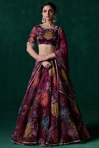 Wine Organza Floral Printed & Embellished Lehenga Set by Lashkaraa