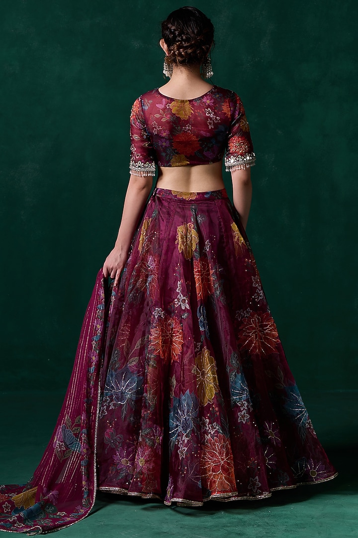 Wine Organza Floral Printed & Embellished Lehenga Set by Lashkaraa at Pernia's Pop Up Shop