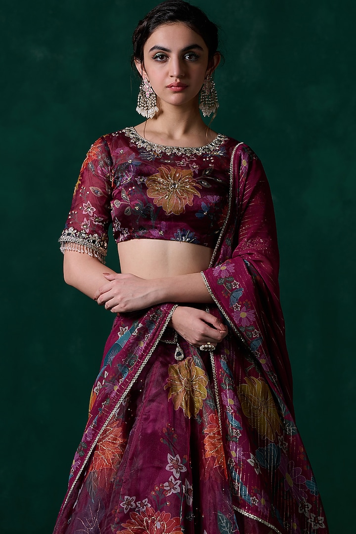 Wine Organza Floral Printed & Embellished Lehenga Set by Lashkaraa at Pernia's Pop Up Shop