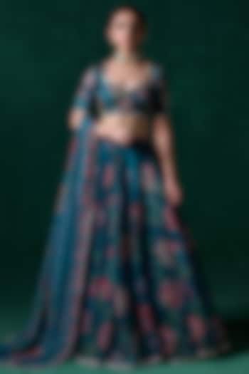 Teal Green Organza Floral Printed & Embellished Lehenga Set by Lashkaraa at Pernia's Pop Up Shop