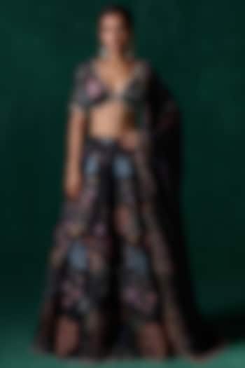 Black Organza Floral Printed & Embellished Lehenga Set by Lashkaraa at Pernia's Pop Up Shop