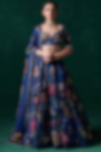 Dark Blue Organza Floral Printed & Embellished Lehenga Set by Lashkaraa at Pernia's Pop Up Shop