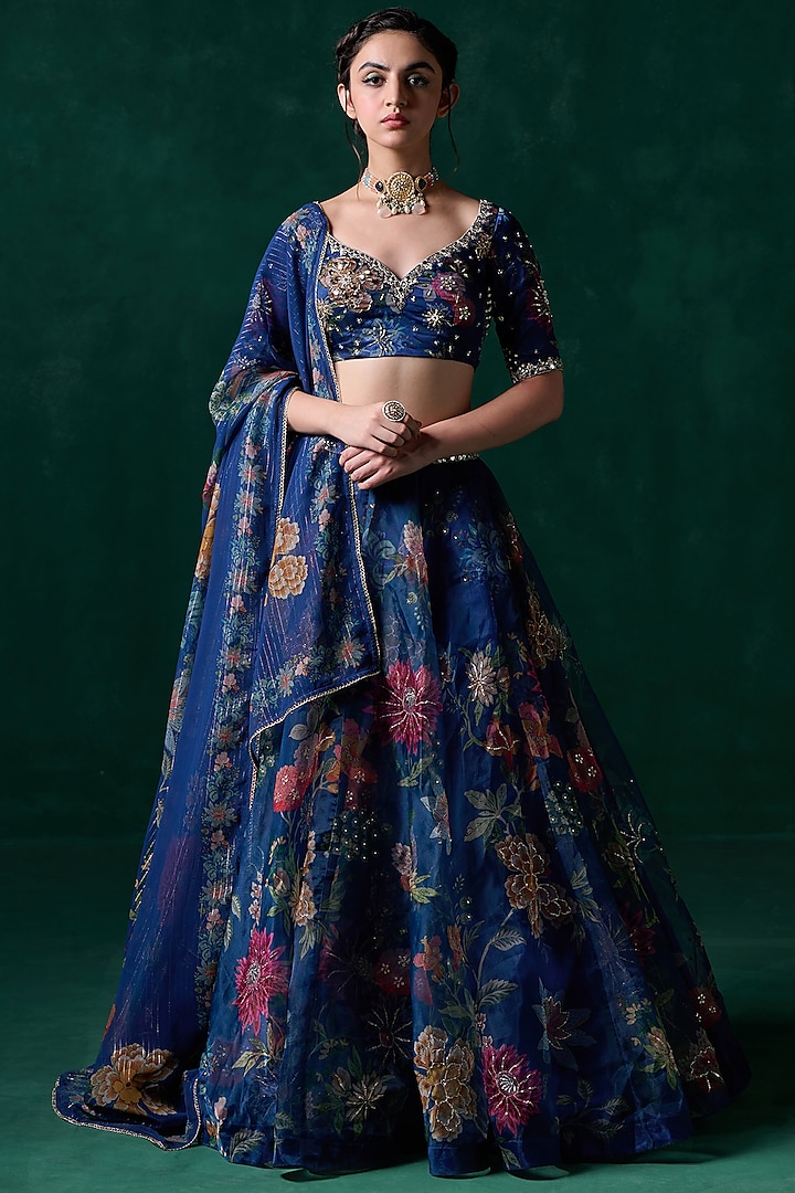 Dark Blue Organza Floral Printed & Embellished Lehenga Set by Lashkaraa at Pernia's Pop Up Shop