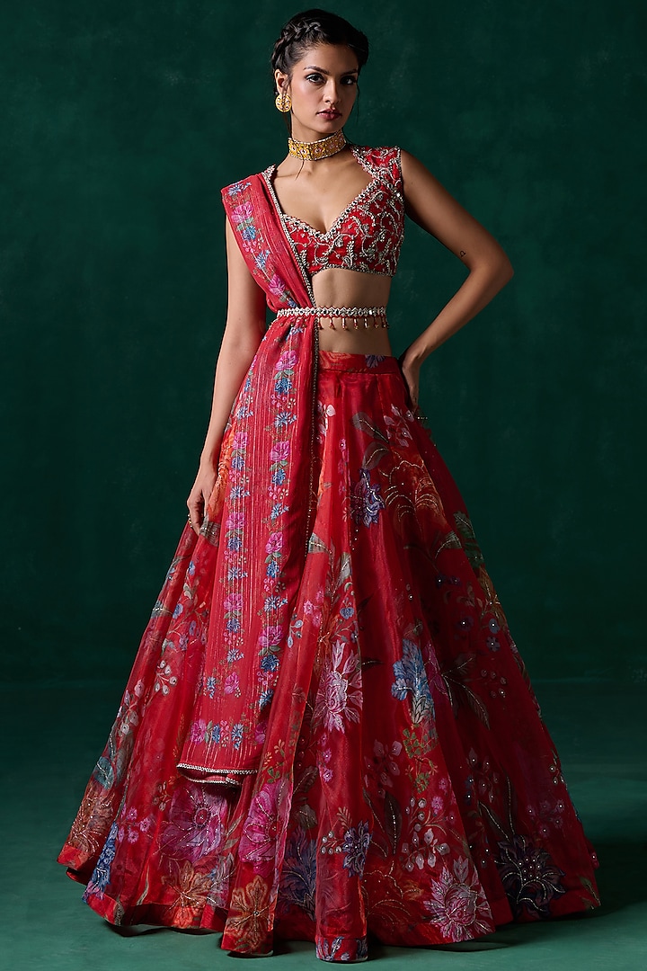 Red Organza Floral Printed & Embellished Lehenga Set by Lashkaraa at Pernia's Pop Up Shop