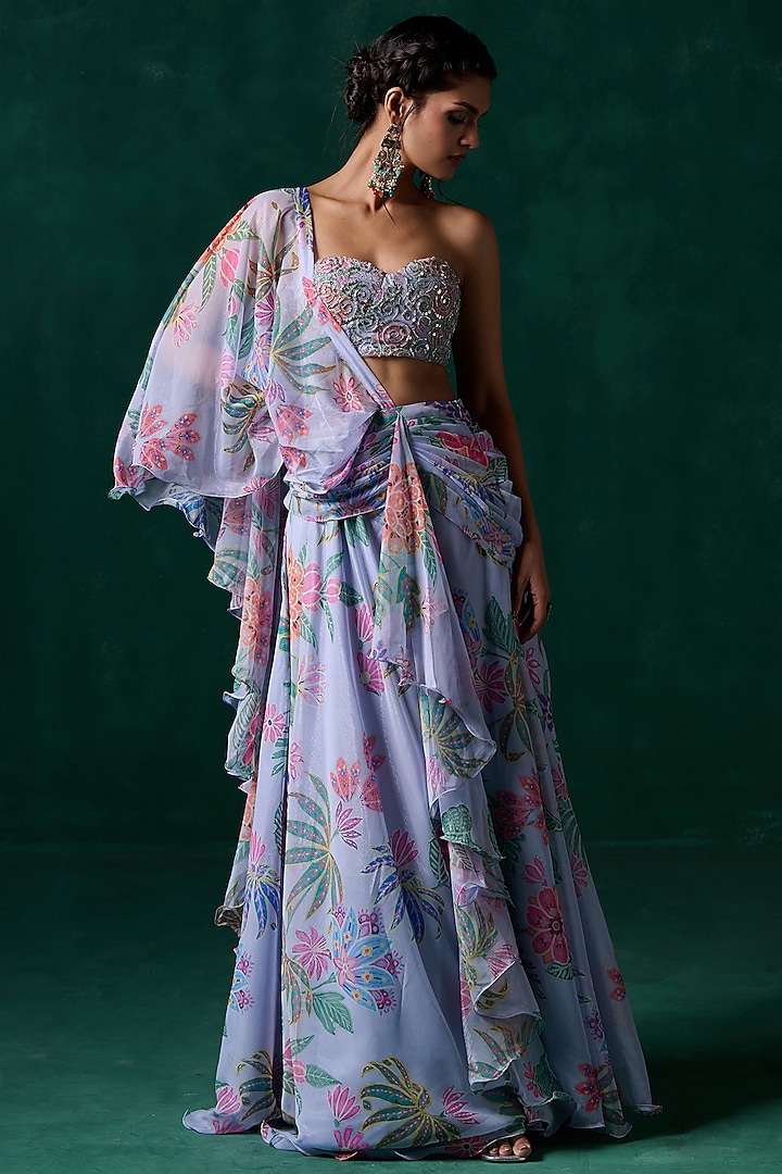 Grey Chiffon Floral Printed & Embellished Saree Set by Lashkaraa at Pernia's Pop Up Shop