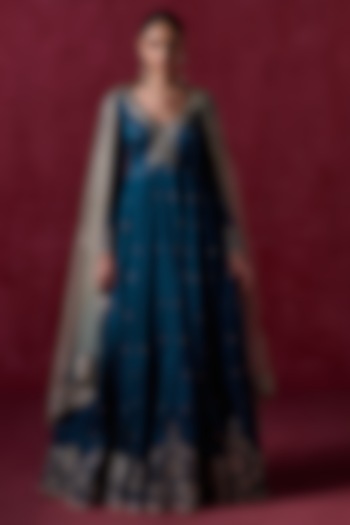 Peacock Blue Silk Sequins Embroidered Party Wear Anarkali Set by Lashkaraa at Pernia's Pop Up Shop