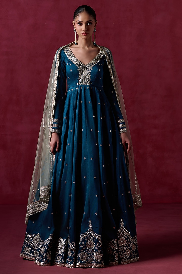 Peacock Blue Silk Sequins Embroidered Party Wear Anarkali Set by Lashkaraa at Pernia's Pop Up Shop