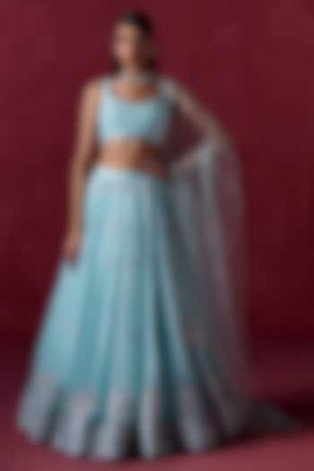 Sky Blue Crepe Zari Embroidered Lehenga Set by Lashkaraa at Pernia's Pop Up Shop