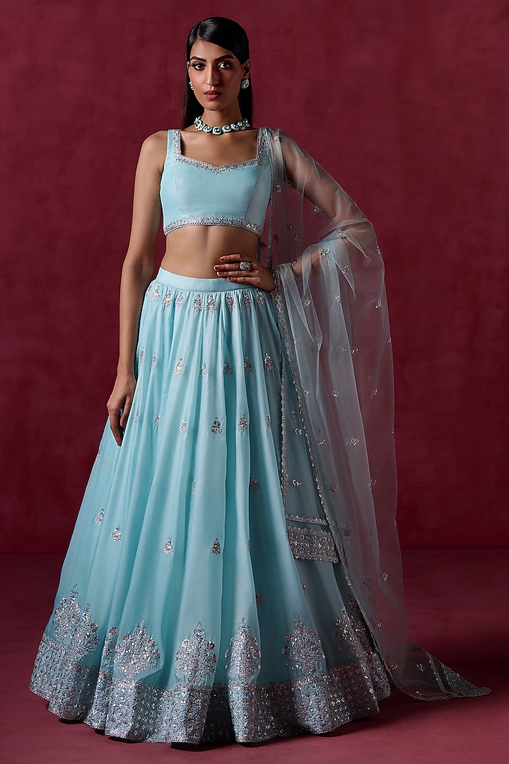 Sky Blue Crepe Zari Embroidered Lehenga Set by Lashkaraa at Pernia's Pop Up Shop
