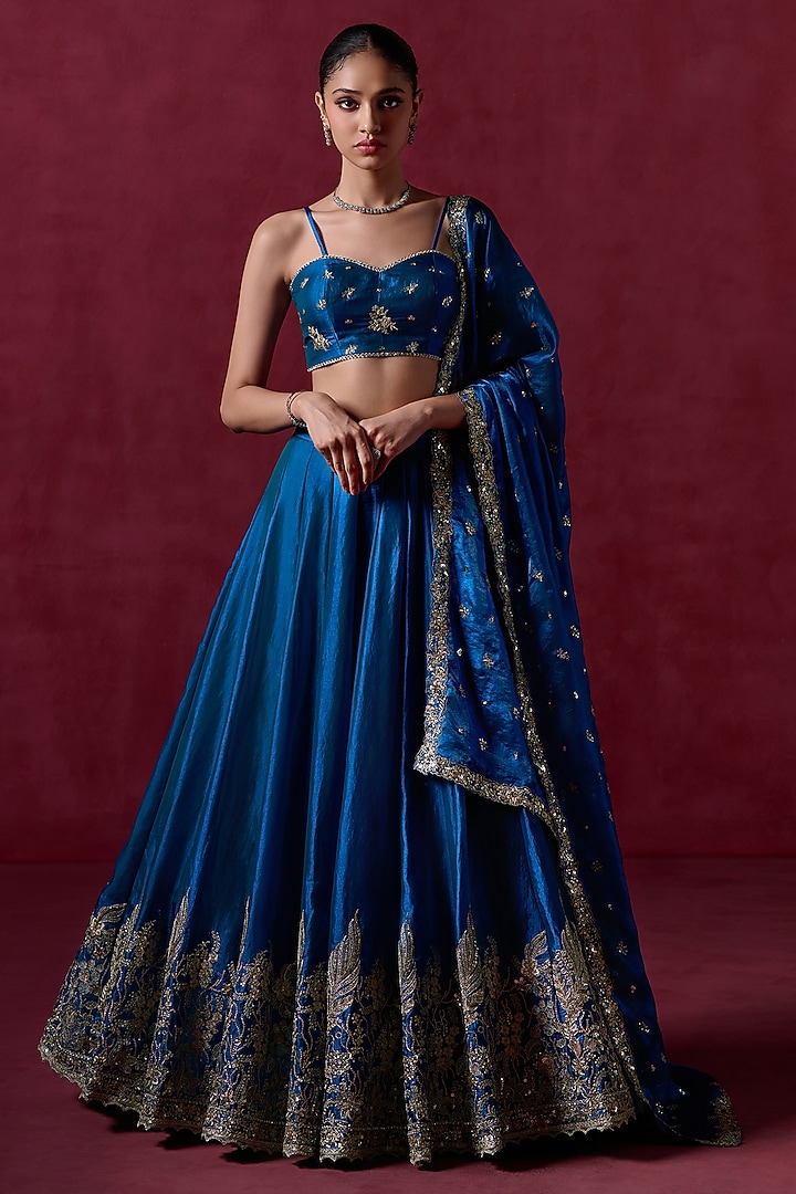 Peacock Blue Organza Sequins Embroidered Lehenga Set by Lashkaraa at Pernia's Pop Up Shop