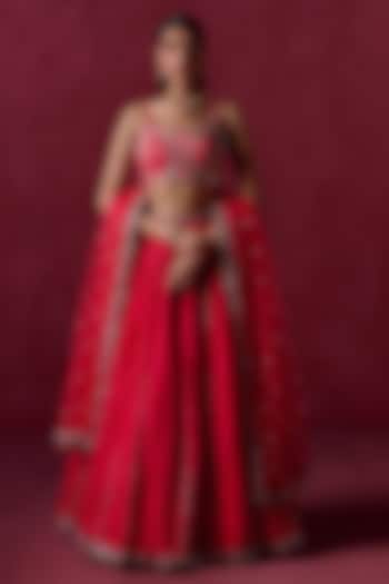 Hot Pink Crepe Silk Sequins Embroidered Lehenga Set by Lashkaraa at Pernia's Pop Up Shop