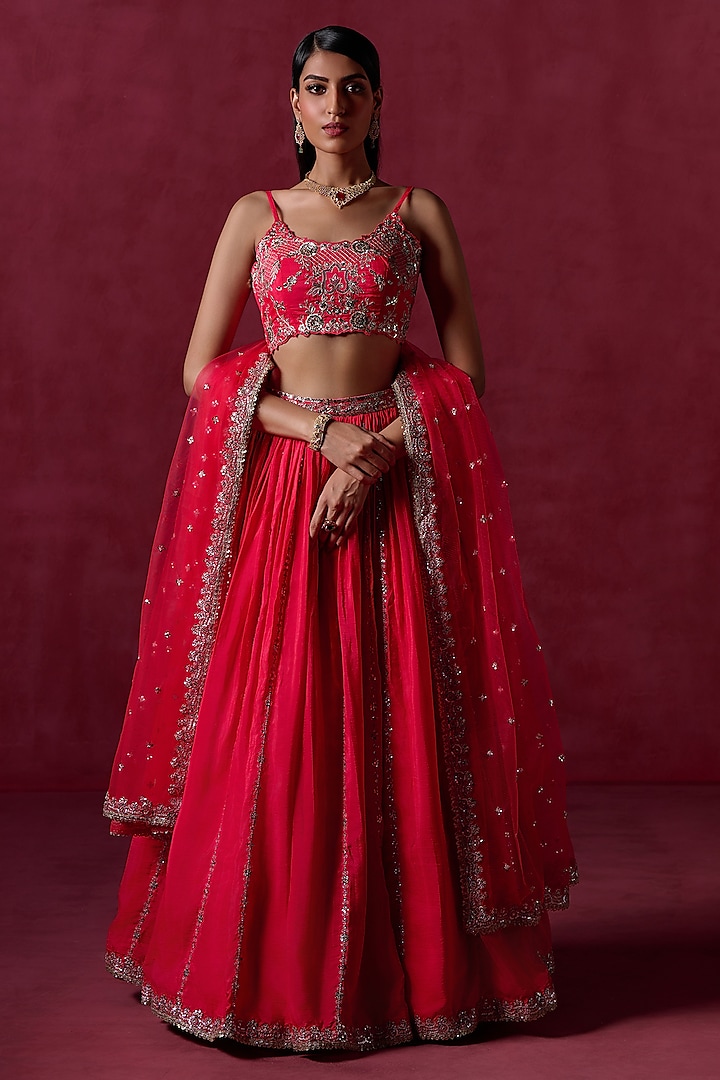 Hot Pink Crepe Silk Sequins Embroidered Lehenga Set by Lashkaraa at Pernia's Pop Up Shop