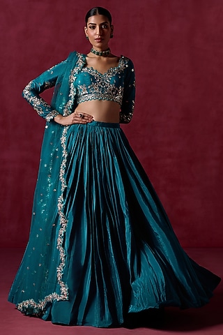 Teal Green Crepe Silk Sequins Embroidered Lehenga Set by Lashkaraa