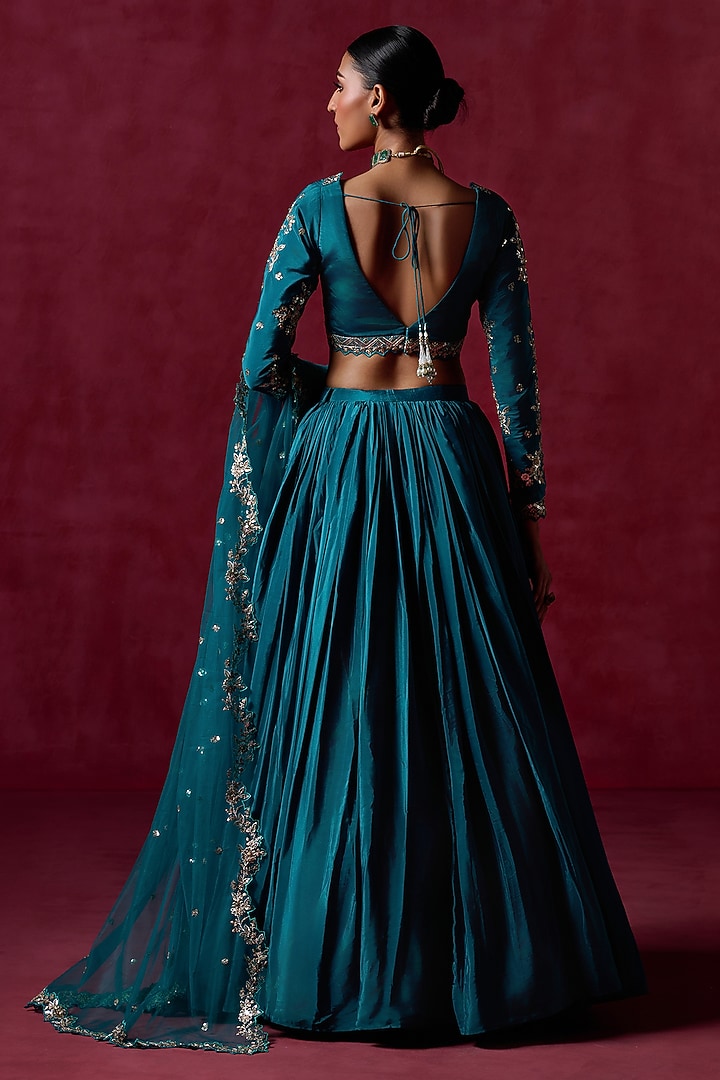 Teal Green Crepe Silk Sequins Embroidered Lehenga Set by Lashkaraa at Pernia's Pop Up Shop