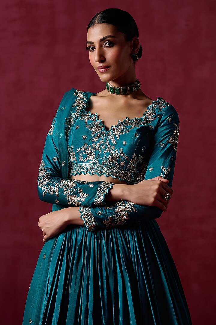 Teal Green Crepe Silk Sequins Embroidered Lehenga Set by Lashkaraa at Pernia's Pop Up Shop