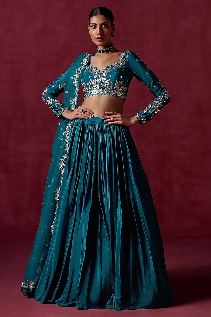 Teal Green Crepe Silk Sequins Embroidered Lehenga Set by Lashkaraa at Pernia's Pop Up Shop