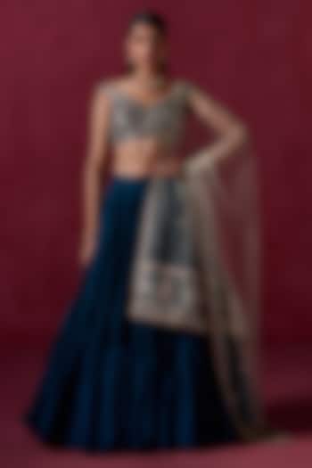 Teal Blue Crepe Silk Sequins Embroidered Lehenga Set by Lashkaraa at Pernia's Pop Up Shop