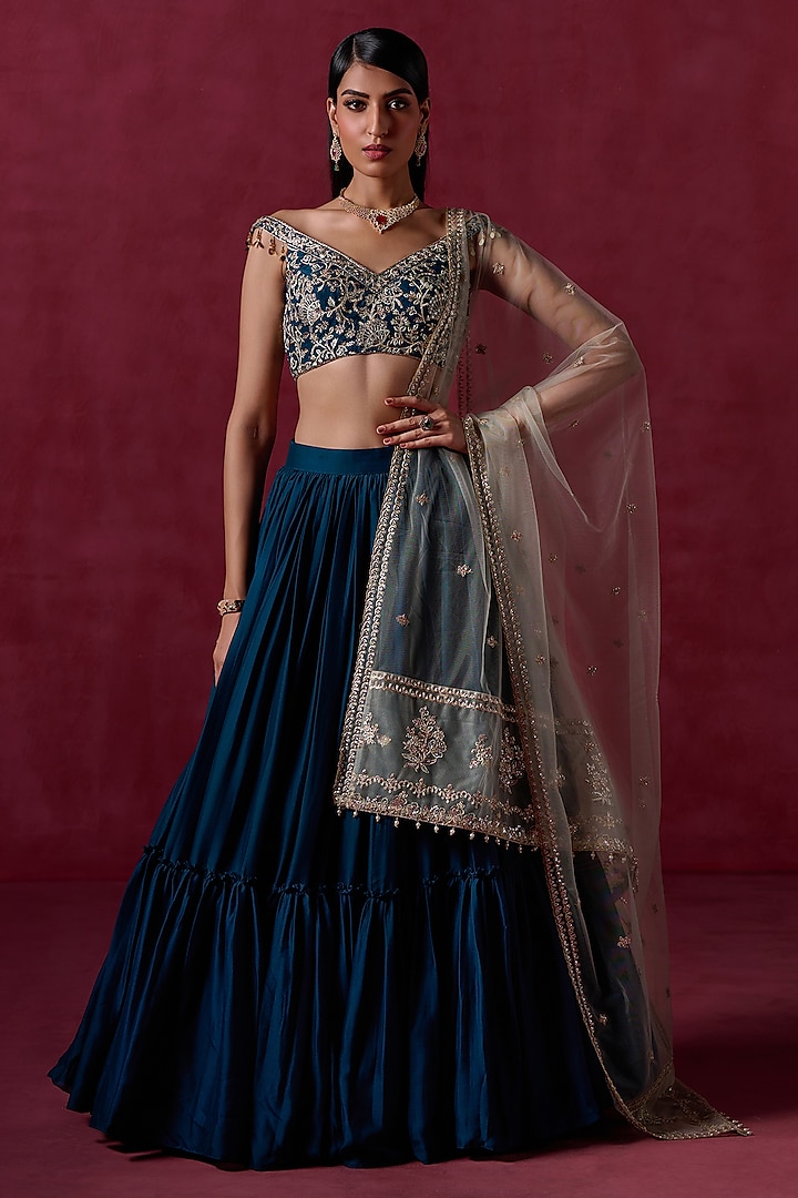 Teal Blue Crepe Silk Sequins Embroidered Lehenga Set by Lashkaraa at Pernia's Pop Up Shop
