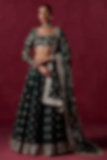 Bottle Green Silk Zari & Sequins Embroidered Lehenga Set by Lashkaraa at Pernia's Pop Up Shop