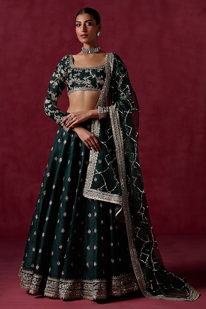 Bottle Green Silk Zari & Sequins Embroidered Lehenga Set by Lashkaraa at Pernia's Pop Up Shop