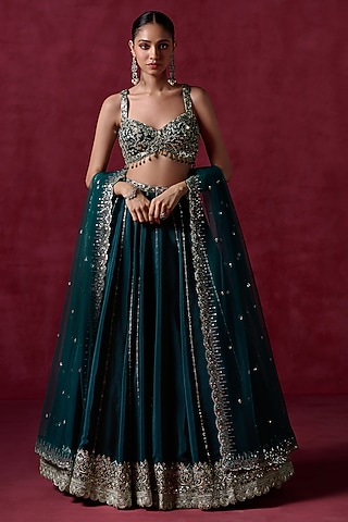 Teal Green Crepe Silk Sequins Embroidered Lehenga Set by Lashkaraa