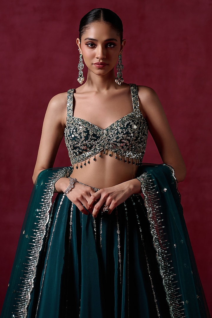 Teal Green Crepe Silk Sequins Embroidered Lehenga Set by Lashkaraa at Pernia's Pop Up Shop