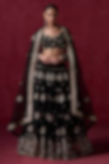 Black Satin Zari & Sequins Embroidered Lehenga Set by Lashkaraa at Pernia's Pop Up Shop