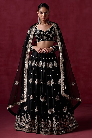 Black Satin Zari & Sequins Embroidered Lehenga Set by Lashkaraa