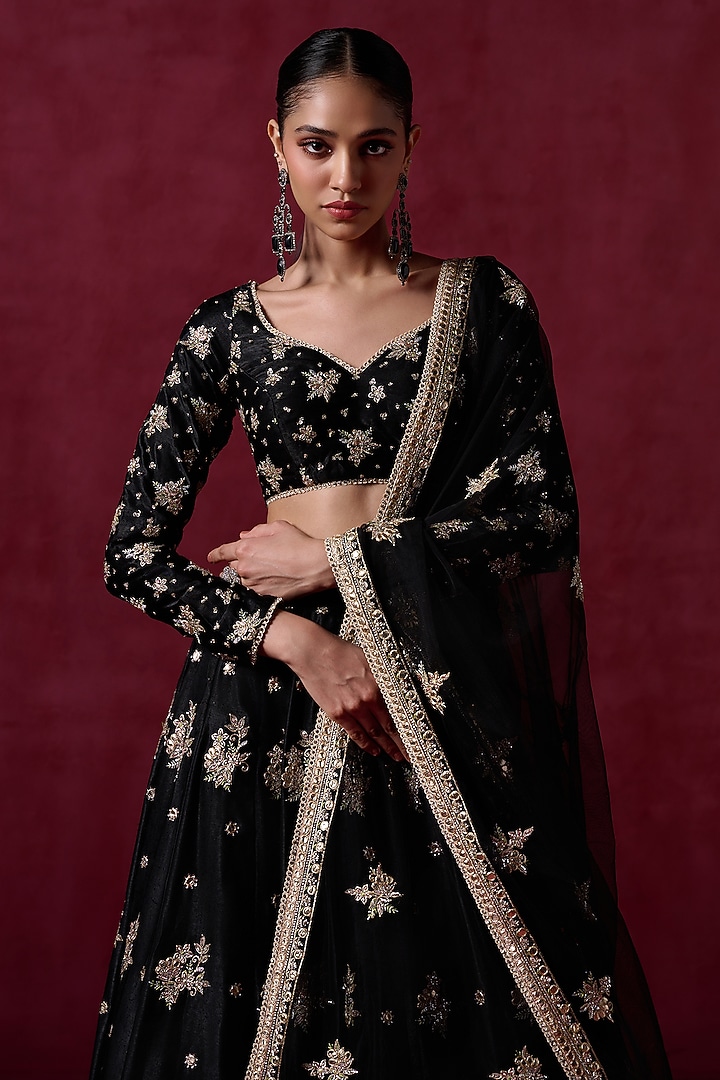 Black Satin Zari & Sequins Embroidered Lehenga Set by Lashkaraa at Pernia's Pop Up Shop