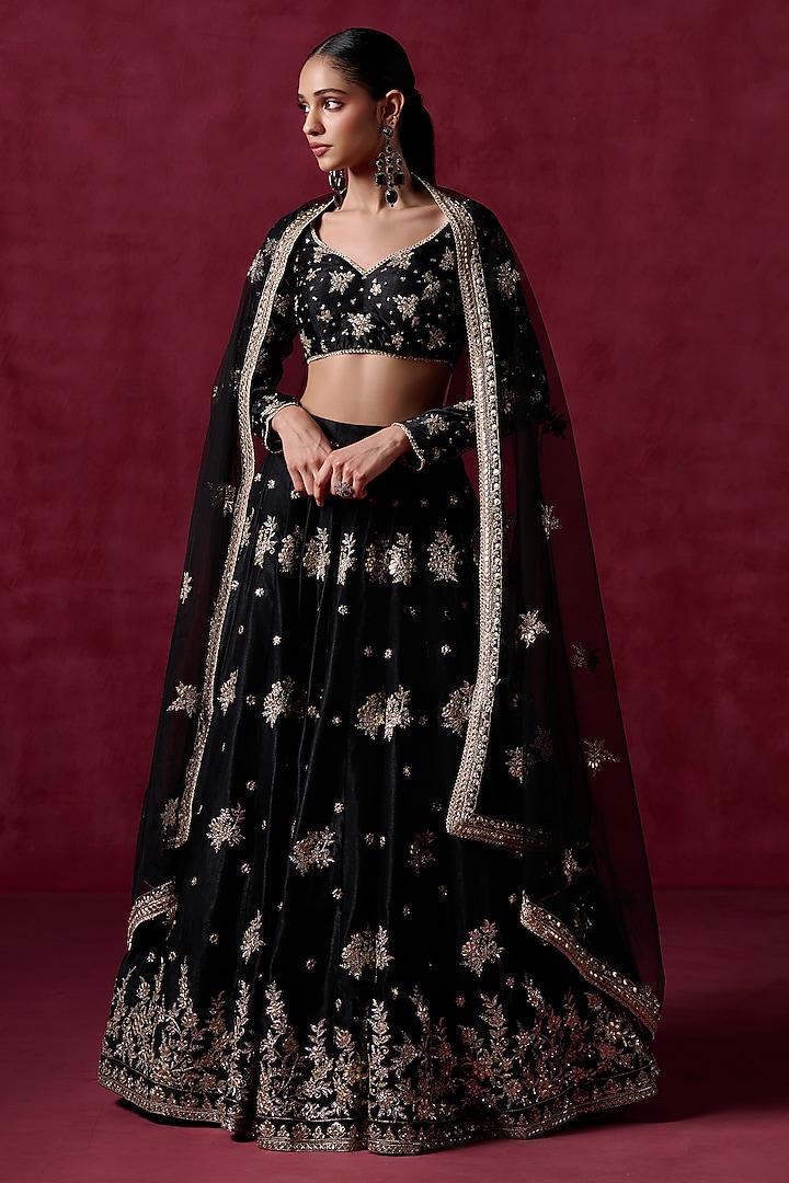Black Satin Zari & Sequins Embroidered Lehenga Set by Lashkaraa at Pernia's Pop Up Shop