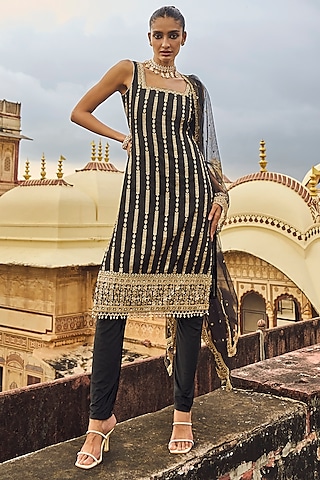 Black & Gold Brocade Zari Embroidered Straight Kurta Set by Lashkaraa