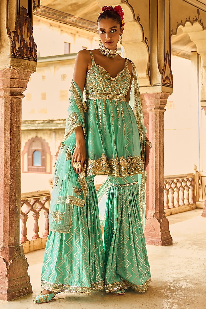 Mint Green Shantoon Zari Embroidered Gharara Set by Lashkaraa at Pernia's Pop Up Shop