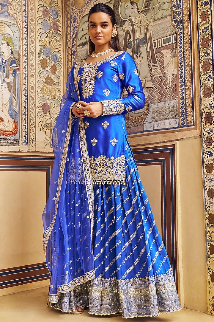 Blue Green Brocade Zari Embroidered Party Wear Sharara Set by Lashkaraa at Pernia's Pop Up Shop