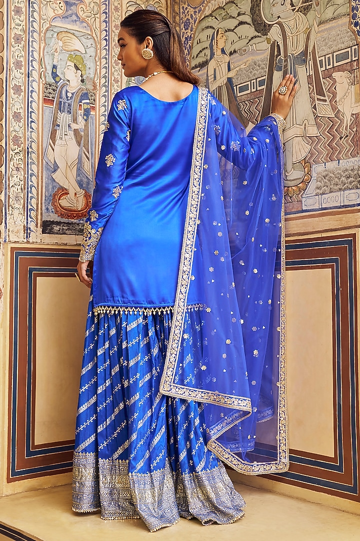Blue Green Brocade Zari Embroidered Party Wear Sharara Set by Lashkaraa at Pernia's Pop Up Shop