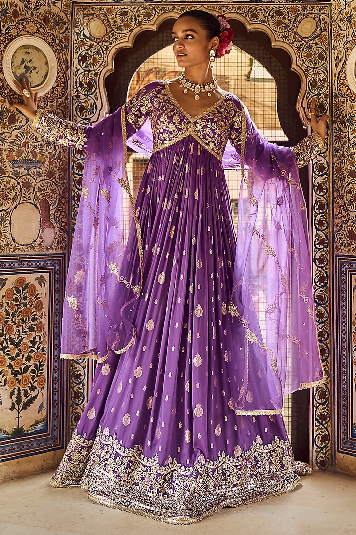Purple Brocade Zari Embroidered Anarkali Set by Lashkaraa