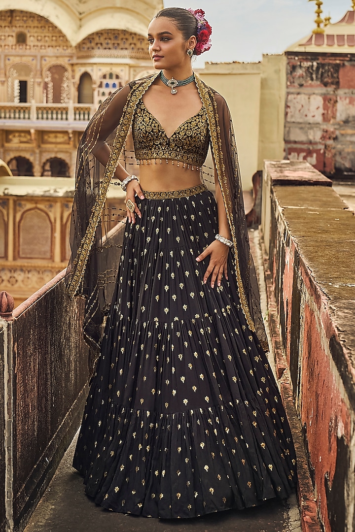 Black Brocade & Shantoon Thread Embroidered Lehenga Set by Lashkaraa at Pernia's Pop Up Shop