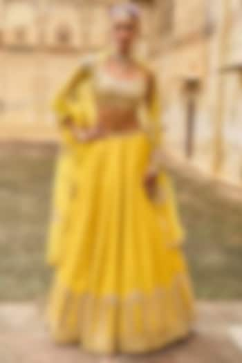 Yellow Brocade & Shantoon Thread Embroidered Lehenga Set by Lashkaraa