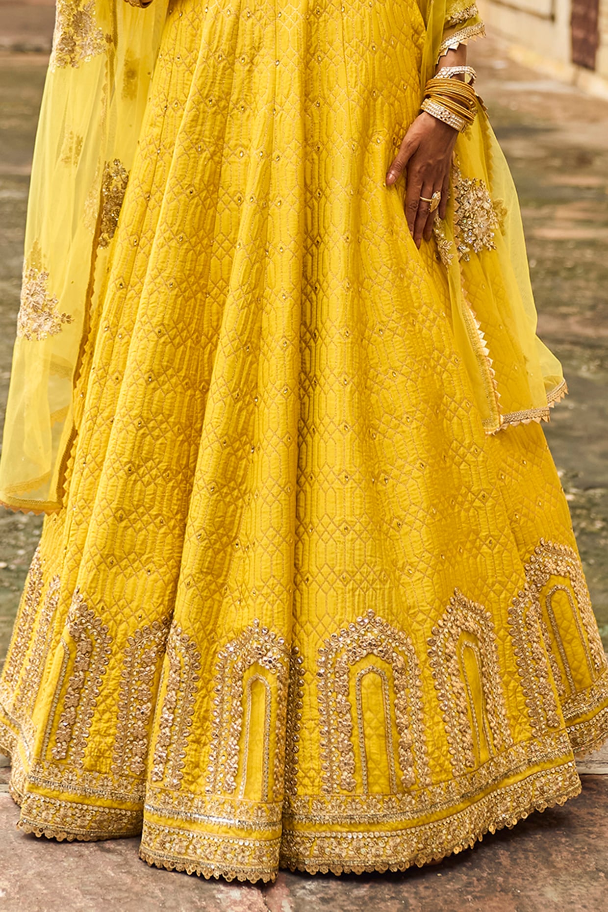 Yellow one shoulder lehenga choli with all over Embroidery – Raas