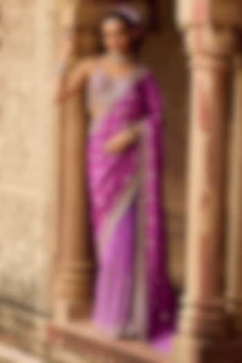 Purple Brocade Thread Embroidered Pre-Draped Saree Set by Lashkaraa at Pernia's Pop Up Shop