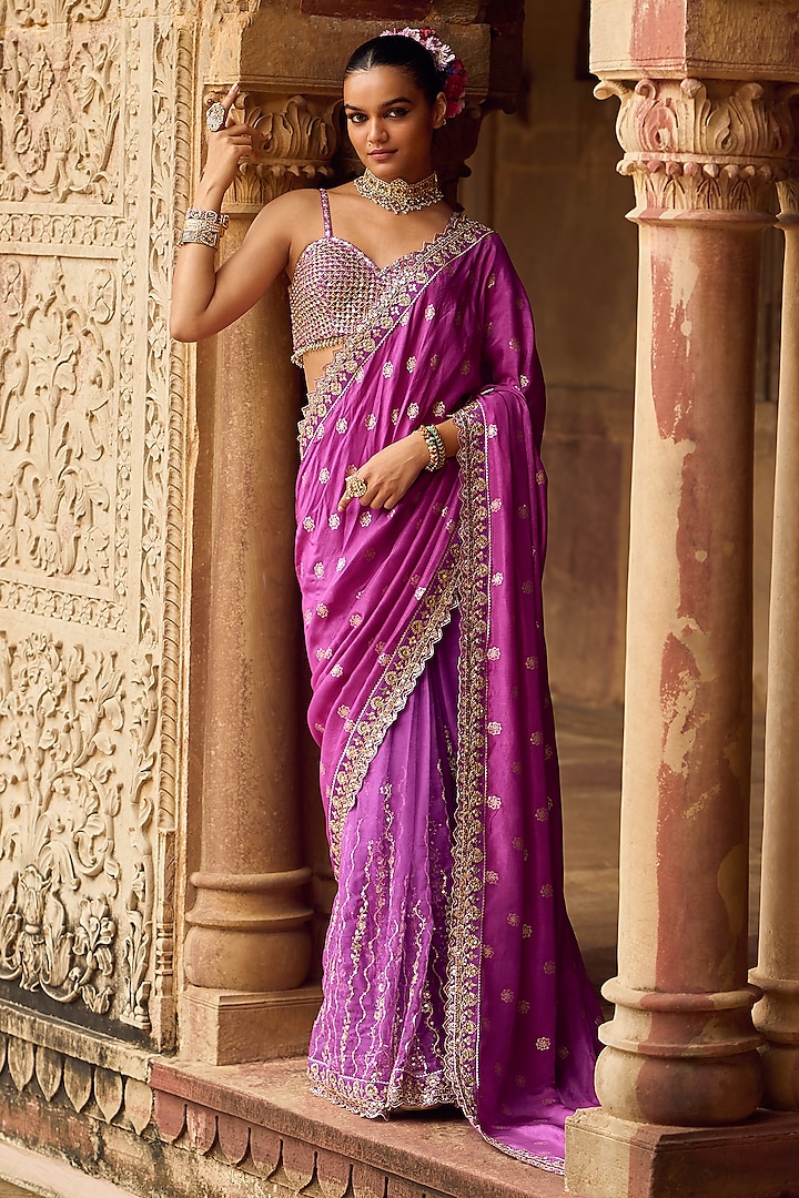 Purple Brocade Thread Embroidered Pre-Draped Saree Set by Lashkaraa at Pernia's Pop Up Shop