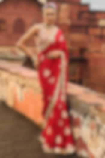 Red Brocade Thread Embroidered Pre-Draped Festive Saree Set by Lashkaraa at Pernia's Pop Up Shop